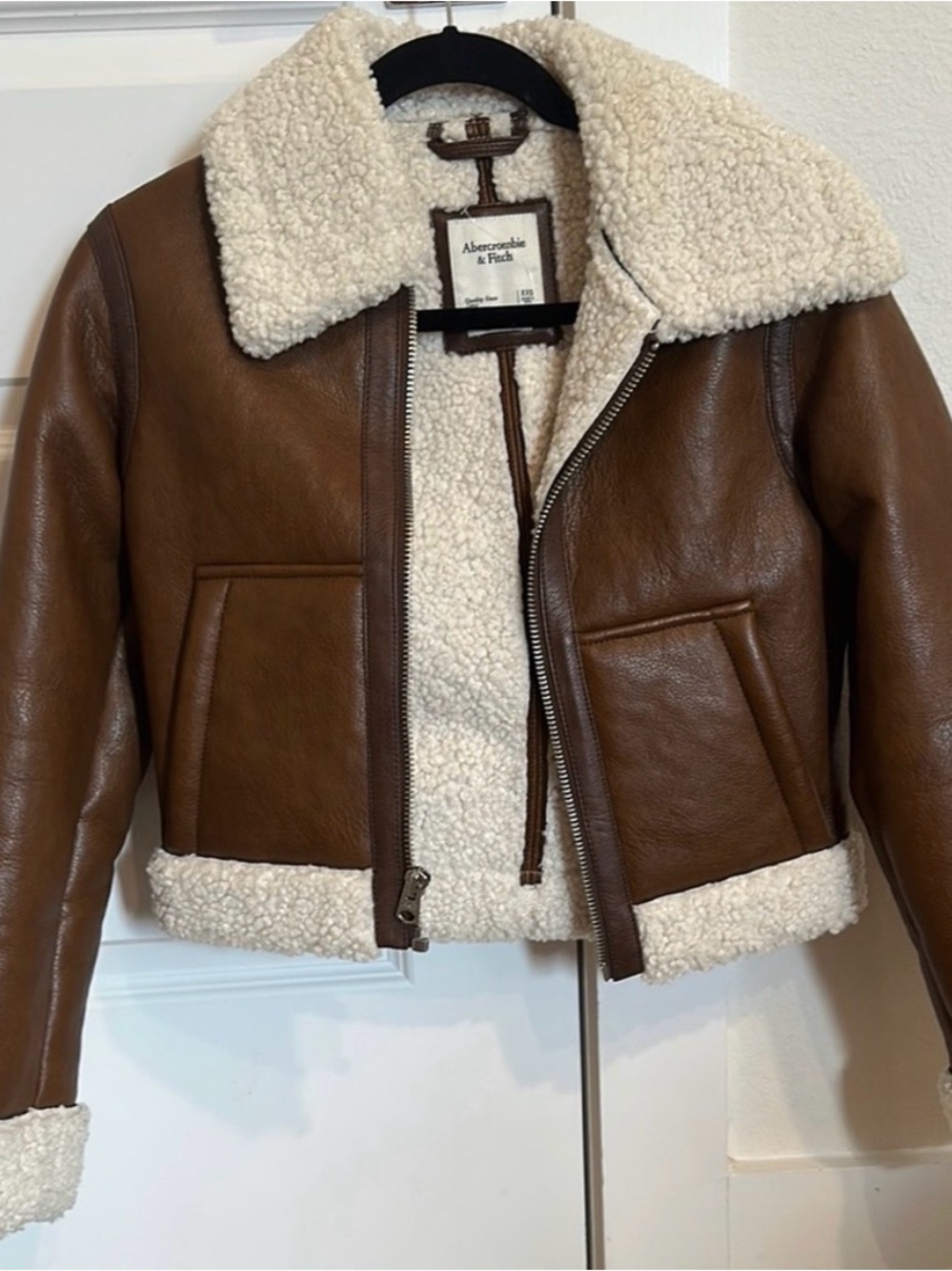 Abercrombie & Fitch Brown Leather Bomber Jacket with Cream Shearling